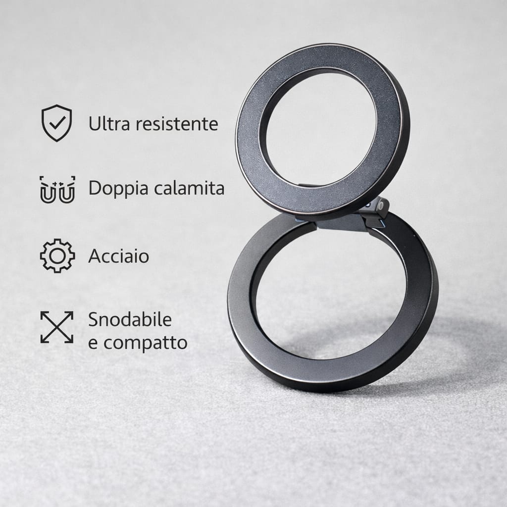 Supporto MagSafe "Double Grip" in Acciaio – Doppia Calamita, Design Snodabile e Massima Tenuta